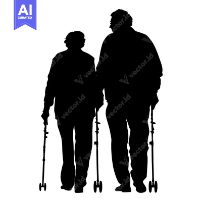 Popular premium asset: Silhouette of an elderly couple walking with canes