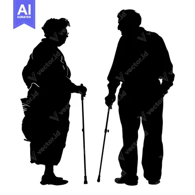 Aset desain premium: Silhouette of an Elderly Couple Holding Walking Sticks