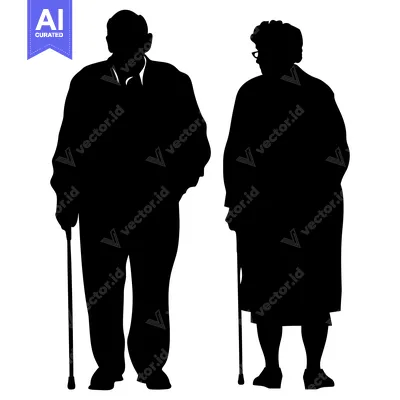 Aset desain premium: Silhouettes of an Elderly Couple Standing with Canes