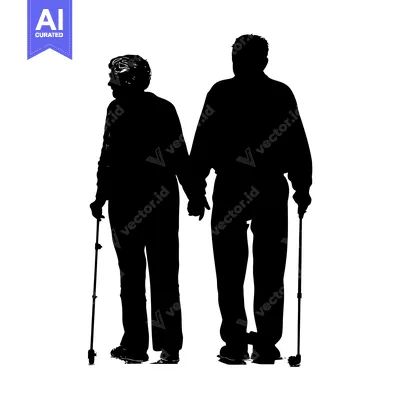 Silhouette of an elderly couple walking together, holding hands, one u