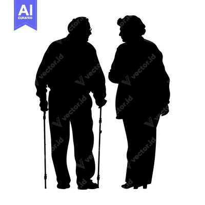 Aset premium populer: Silhouette of an elderly couple standing together, one using a cane.