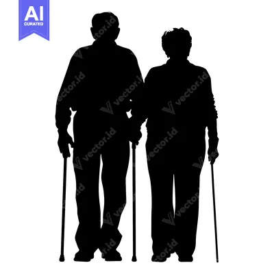Aset desain premium: Silhouette of an Elderly Couple Walking with Canes