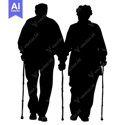 Silhouette of an elderly couple walking with canes