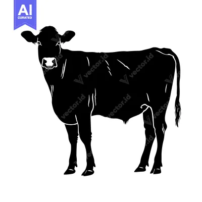 Black and White Silhouette of a Cow Standing on a White Background