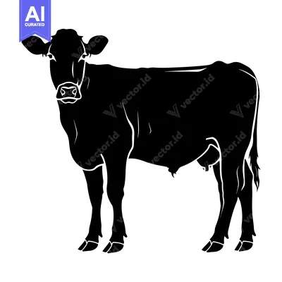 Aset desain premium: Black and White Silhouette of a Cow Standing on a White Background