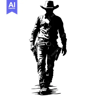 Aset desain premium: Silhouette of a Cowboy Walking with Guns