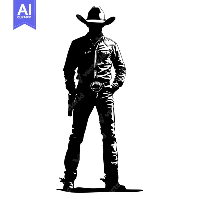Aset premium populer: Silhouette of a Cowboy with a Gun and Cowboy Hat