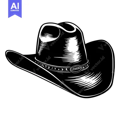 Aset desain premium: Black and White Illustration of a Cowboy Hat with a Band