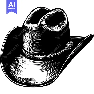 Aset premium populer: Black and white illustration of a cowboy hat with a band and a badge
