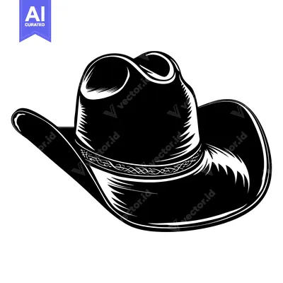 Premium design asset: Black and White Illustration of a Cowboy Hat with a Detailed Band