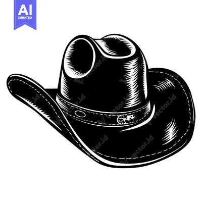Aset premium populer: Black and White Illustration of a Cowboy Hat with a Star Detail