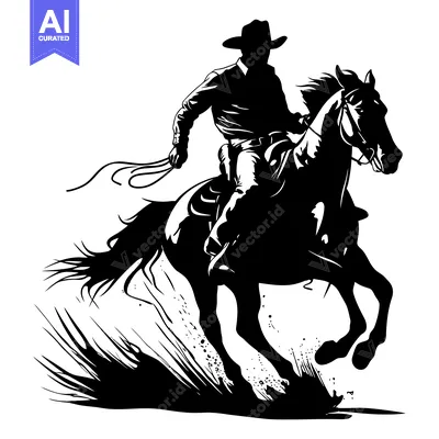 Aset desain premium: Silhouette of a Cowboy Riding a Horse at Full Gallop