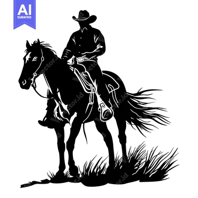 Premium design asset: Silhouette of a Cowboy Riding a Horse in Grass
