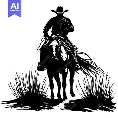 Aset premium populer: Silhouette of a Cowboy Riding a Horse Through Grass