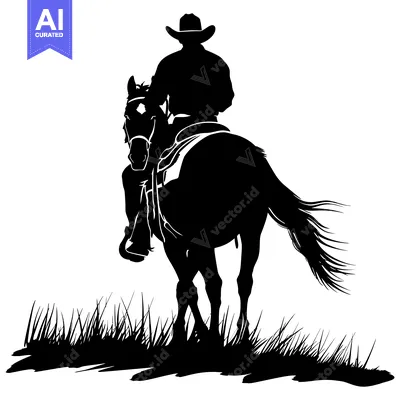 Aset premium populer: Cowboy Riding a Horse Silhouetted Against a White Background