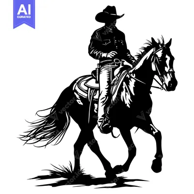 Aset desain premium: Cowboy Riding a Horse in Silhouette