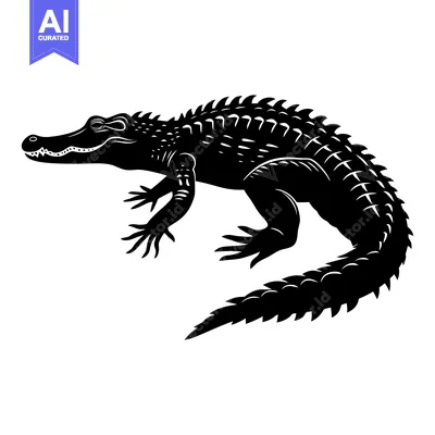 Aset desain premium: Black and White Silhouette of a Crocodile with Sharp Teeth