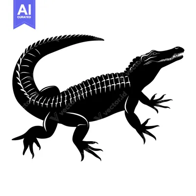 Aset desain premium: Black Silhouette of a Crocodile with a Curved Tail