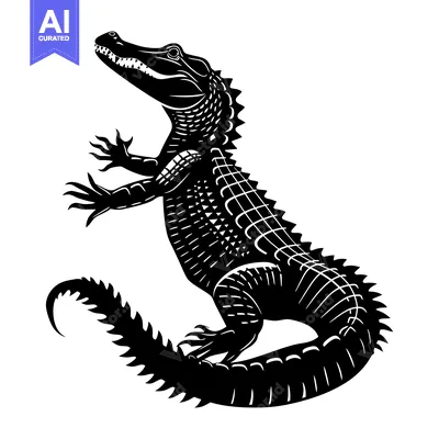 Black and White Silhouette of a Standing Alligator with a Curled Tail