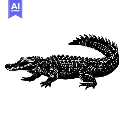 Black and White Silhouette of a Crocodile with its Tail Curved Up