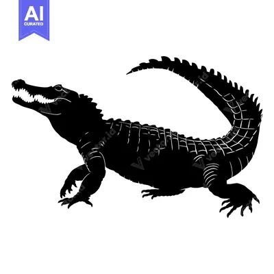 Aset desain premium: Black and White Silhouette of a Crocodile with a Curved Tail