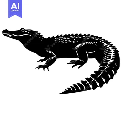 Aset desain premium: Black and white silhouette of a crocodile with a curled tail