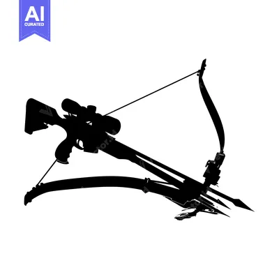 Aset desain premium: A black and white silhouette of a crossbow with a scope and arrows