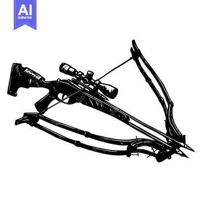 Aset desain premium: A black and white illustration of a crossbow with a scope