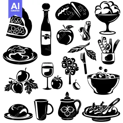 Aset premium populer: Black and White Silhouettes of Food and Drink Items