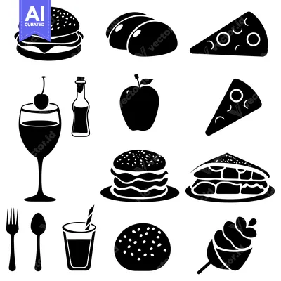 Black and White Silhouettes of Various Food Items
