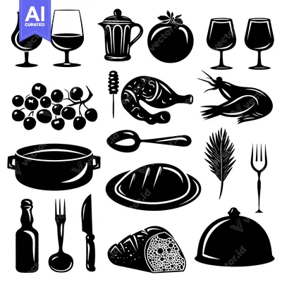 Black and White Silhouette Icons of Food, Drink, and Tableware