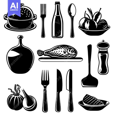 Aset desain premium: Black and White Illustrations of Various Food and Utensils
