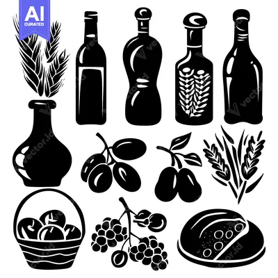 Black and White Silhouette Illustration of Food and Drink Items