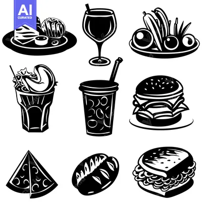Aset desain premium: Black and White Silhouettes of Various Food Items