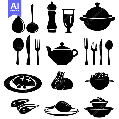 Black Silhouette Icons of Kitchen Utensils and Food Items