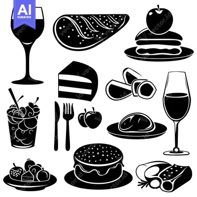 Premium design asset: Black and White Silhouette Illustrations of Various Food and Drink Ite