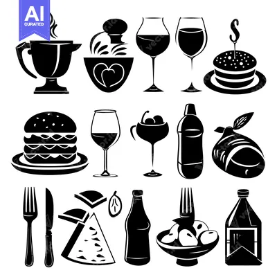Popular premium asset: Black and White Silhouette Icons of Food and Drink Items