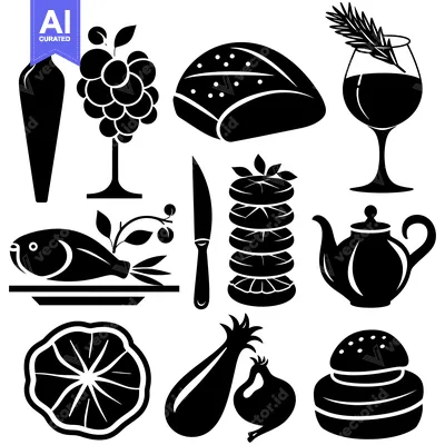 Black and White Icons of Food and Drink Items