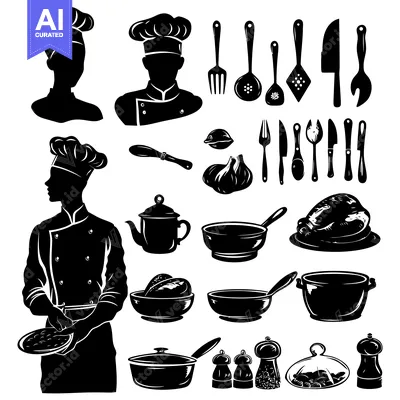 Popular premium asset: Black and White Illustration of Chef and Kitchen Utensils