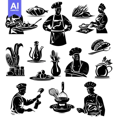 Black and White Silhouettes of Chefs, Food, and Kitchen Utensils