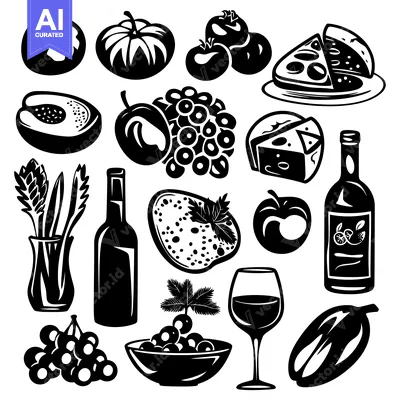 Aset desain premium: A Collection of Black and White Food Illustrations