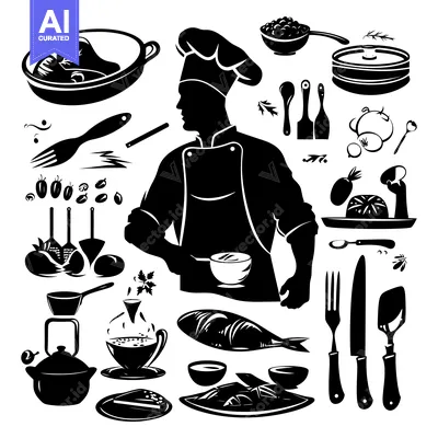 Silhouette of a Chef with Various Cooking Utensils and Food Items