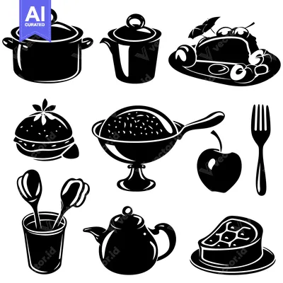 Popular premium asset: A Set of Black and White Silhouettes of Food and Kitchen Utensils