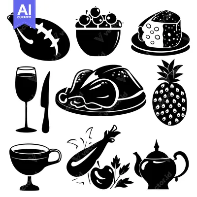 Aset desain premium: Black and White Silhouettes of Food and Drink Items