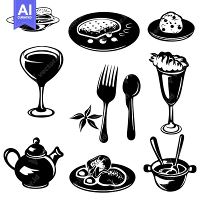 Aset desain premium: Black and White Silhouettes of Food and Drink Items