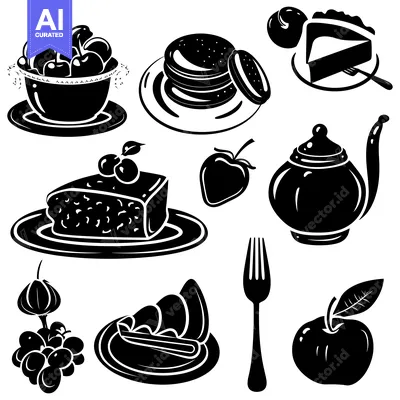 Black and White Silhouettes of Various Fruits and Desserts