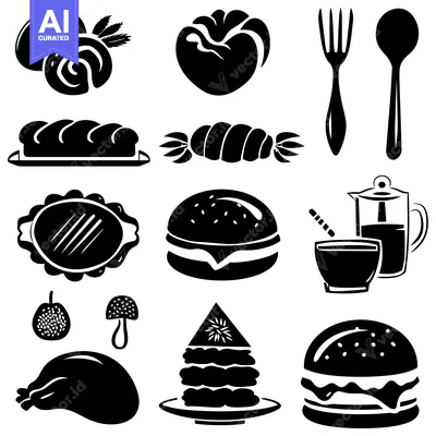 Aset desain premium: Black and White Icons of Food and Drink Items