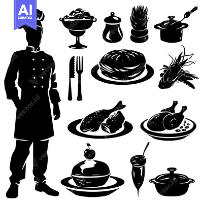 Aset premium populer: Black and White Illustration of a Chef and Various Food Items