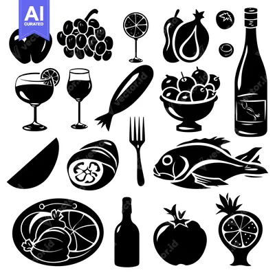 Aset premium populer: Black and White Silhouette Icons of Food and Drinks