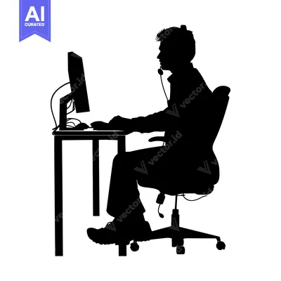 Aset desain premium: Silhouette of a Person Sitting at a Desk Using a Computer
